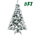 5FT Snow Flocked Hinged Christmas Tree with Berries and Poinsettia Flowers