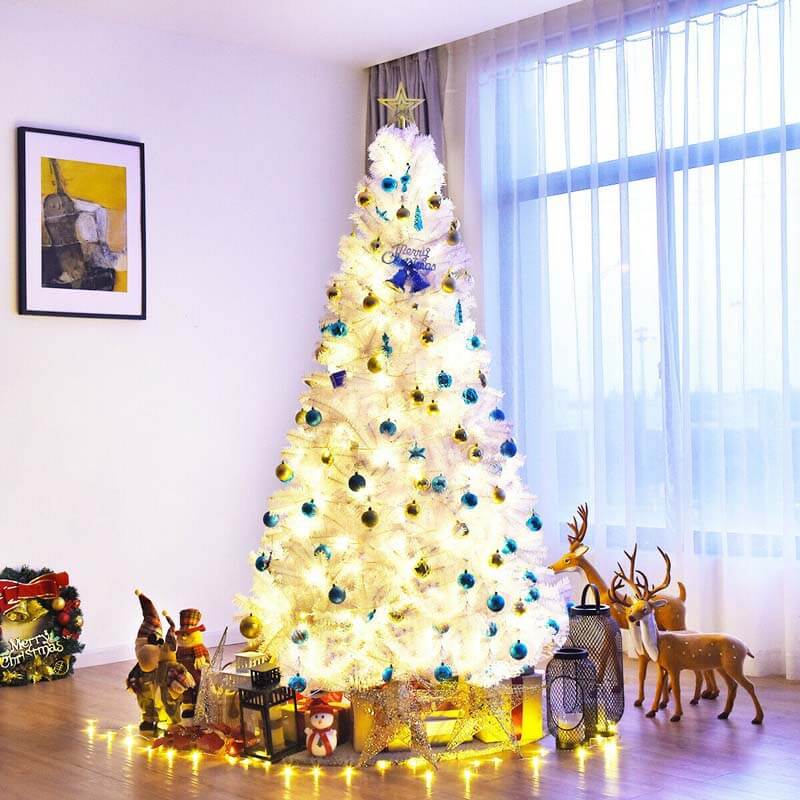7.5FT White Hinged Artificial Christmas Tree with Metal Stand
