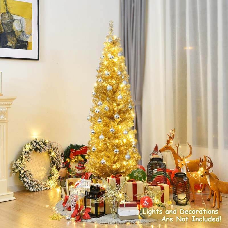 6 Ft Tinsel Artificial Slim Pencil Christmas Tree with Electroplated Technology for Indoor and Outdoor