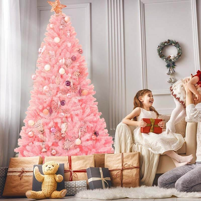 7.5FT Pink Artificial Christmas Tree Hinged Spruce Full Xmas Tree with Foldable Metal Stand