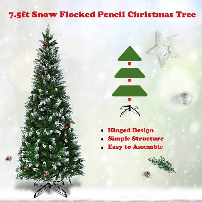 7.5FT Artificial Snow-flocked Pencil Christmas Tree with Pine Cones