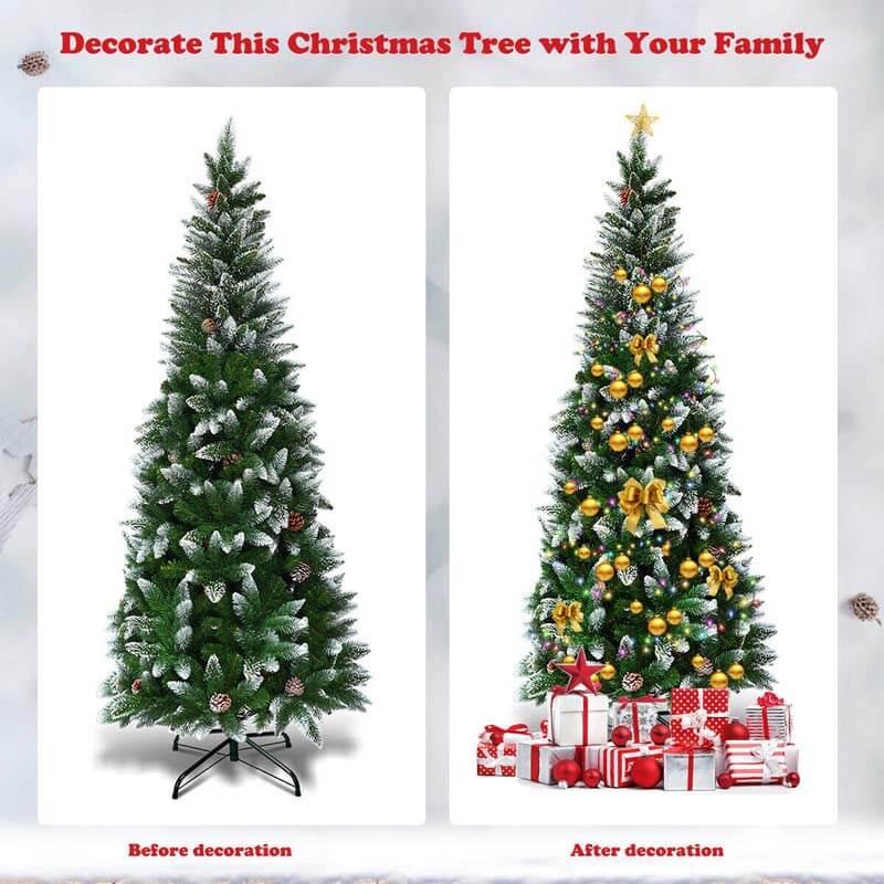 7.5FT Unlit Snow Flocked Christmas Tree Slim Artificial Pencil Xmas Tree with Pine Cones & Metal Stand