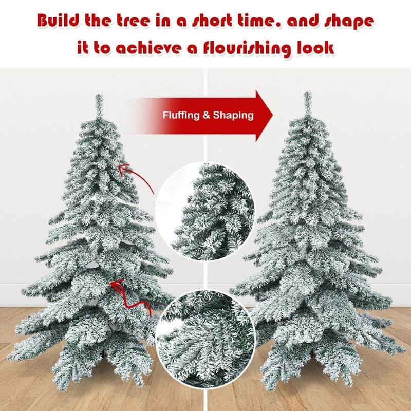 6FT Snow Flocked Artificial Christmas Tree Hinged Alaskan Pine Tree with Metal Stand