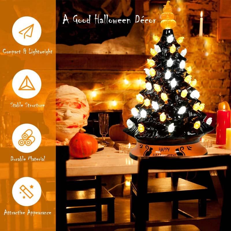 15 Inch Hand-Painted Black Tabletop Ceramic Halloween Tree with 12 Built-in Lights