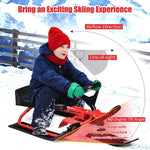 Kids Ski Board Snow Racer Sled with Steering Wheel and Double Brakes Pull Rope