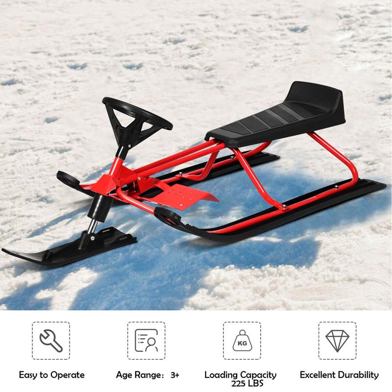 Kids Snow Racer Sled with Steering Wheel and Double Brakes Pull Rope Slider
