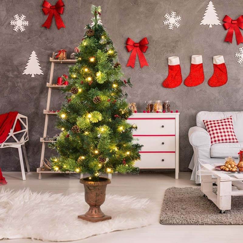 5FT PreLit Entrance Christmas Tree Artificial Tabletop Xmas Tree with 100 LED Lights & Red Berries Pine Cones