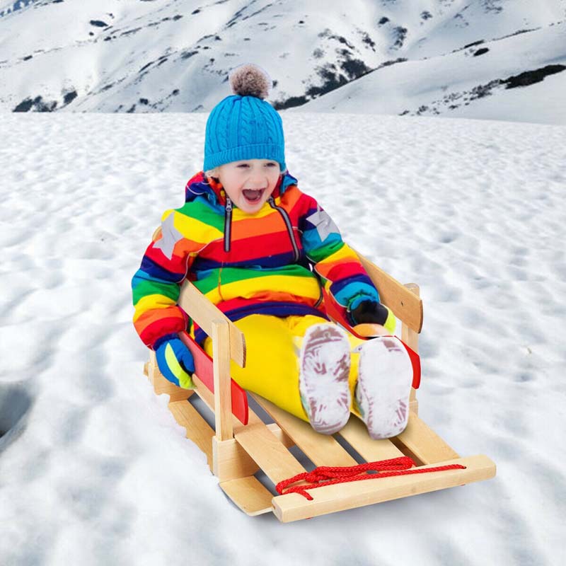 Kids Wooden Sled Outdoor Play Baby Snow Sled Pull Steering Slider with Solid Wood Seat