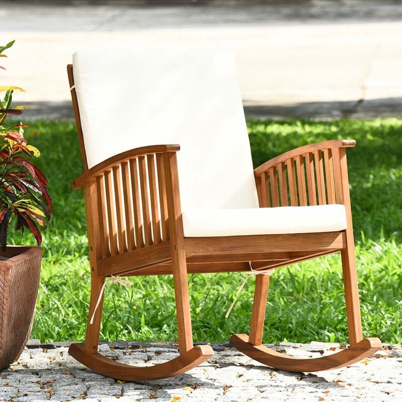 Acacia Wood Outdoor Rocking Chair Garden Patio Rocker with Detachable Back & Seat Cushions