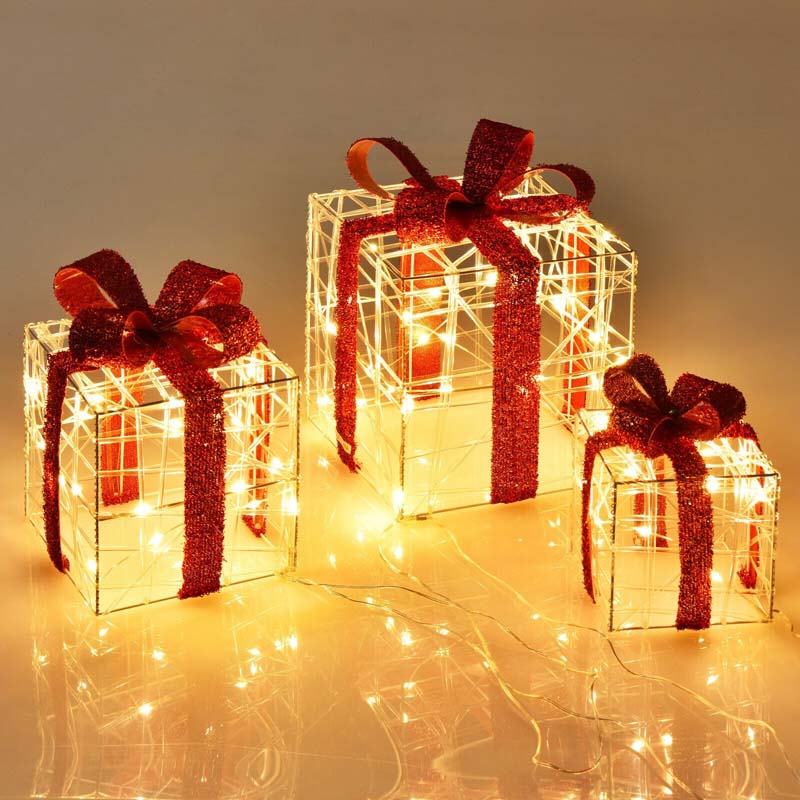 Set of 3 Christmas Lighted Gift Boxes Christmas Box Decorations with 60 LED Lights