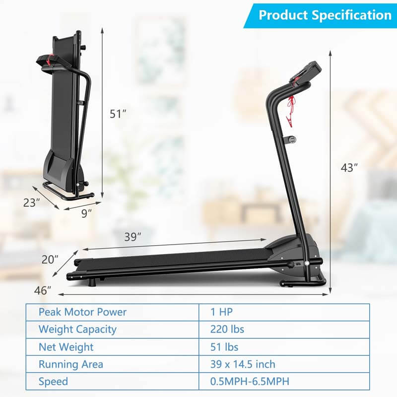 1 HP Electric Folding Treadmill Compact Motorized Power Walking Running Machine with Operation Display