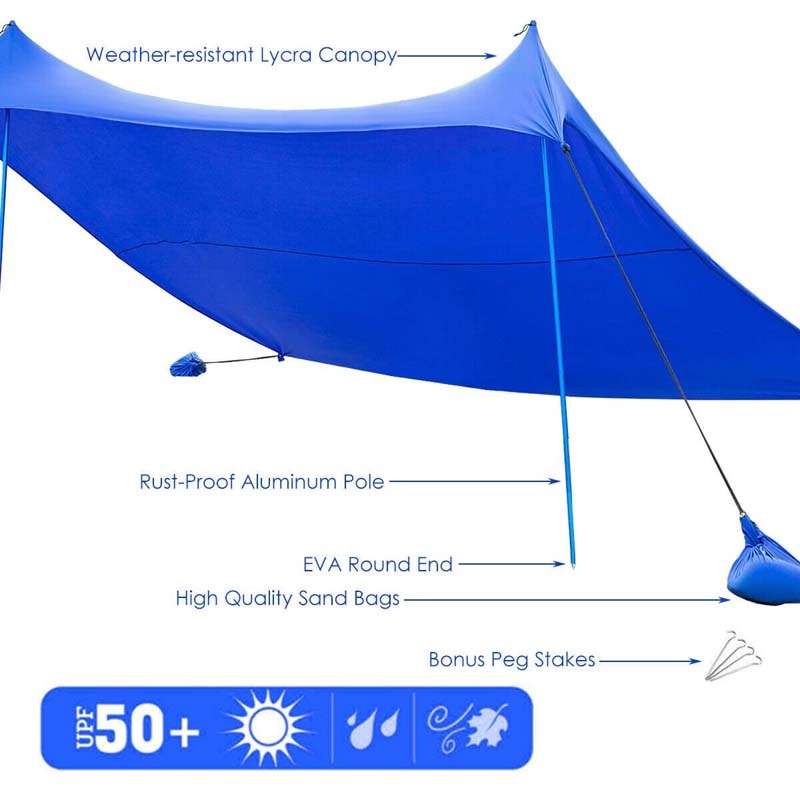 10 FT x 9 FT Family Beach Tent Canopy Outdoor Sunshade with 4 Poles Sandbag Anchors