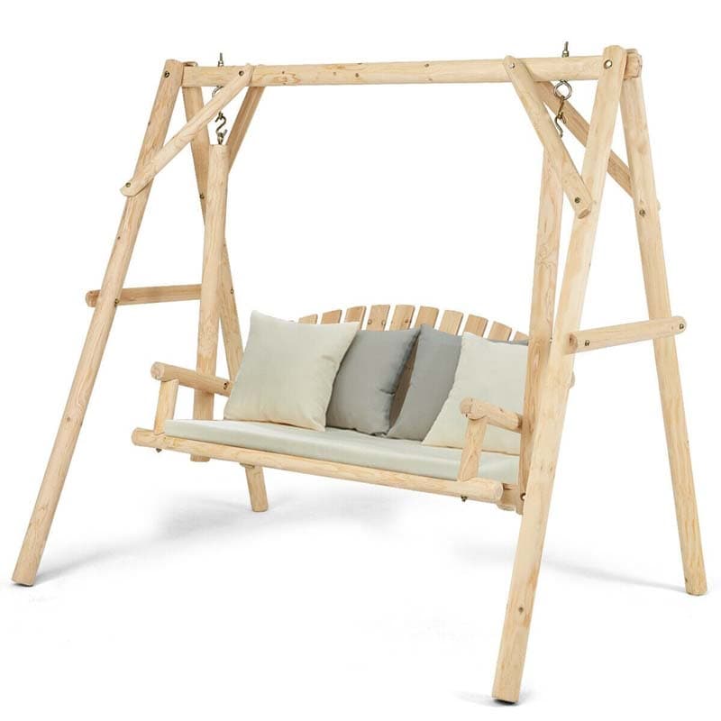 Wooden Hanging Porch Swing Outdoor Swing Bench Chair with Curved Back