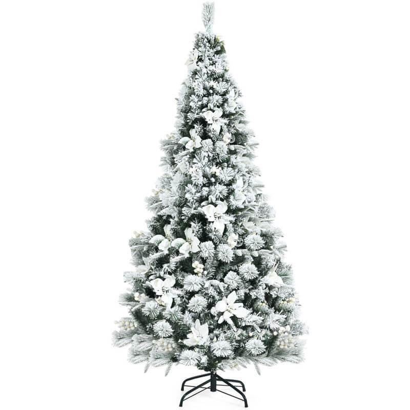 6FT Snow Flocked Hinged Christmas Tree with Berries and Poinsettia Flowers