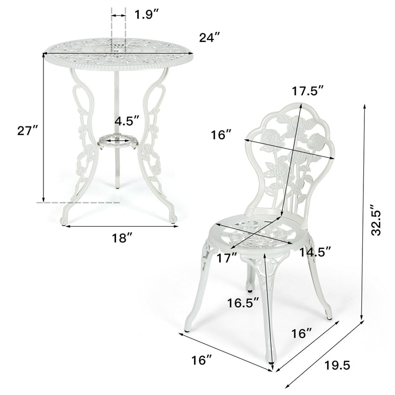 Cast Aluminum 3-Piece Bistro Set Rose Design Outdoor Furniture Set