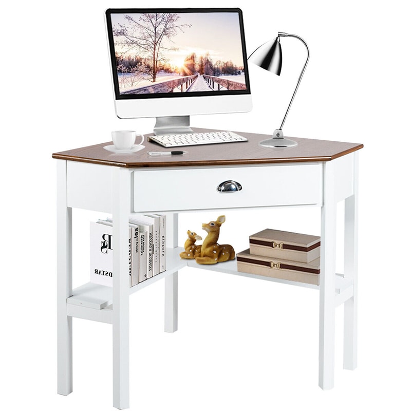 Corner Computer Desk Laptop Writing Table Workstation Vanity Desk with Drawers & Storage Shelves