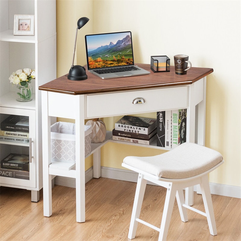 Corner Desk Triangle Computer Desk Laptop Writing Table Workstation Vanity Desk with Drawers & Storage Shelves