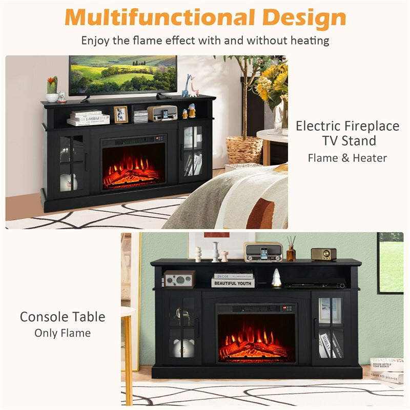 Electric Fireplace TV Stand for TVs Up to 65", 1400W Heater Insert with Remote Control, 3-Level Flame, Overheat Protection, Adjustable Shelves