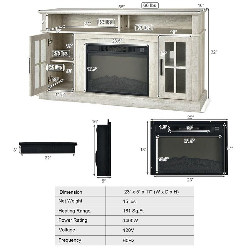 Electric Fireplace TV Stand for TVs Up to 65", 1400W Heater Insert with Remote Control, 3-Level Flame, Overheat Protection, Adjustable Shelves