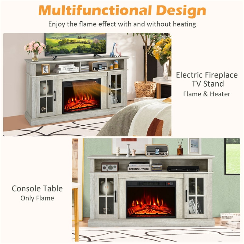 Electric Fireplace TV Stand for TVs Up to 65", 1400W Heater Insert with Remote Control, 3-Level Flame, Overheat Protection, Adjustable Shelves