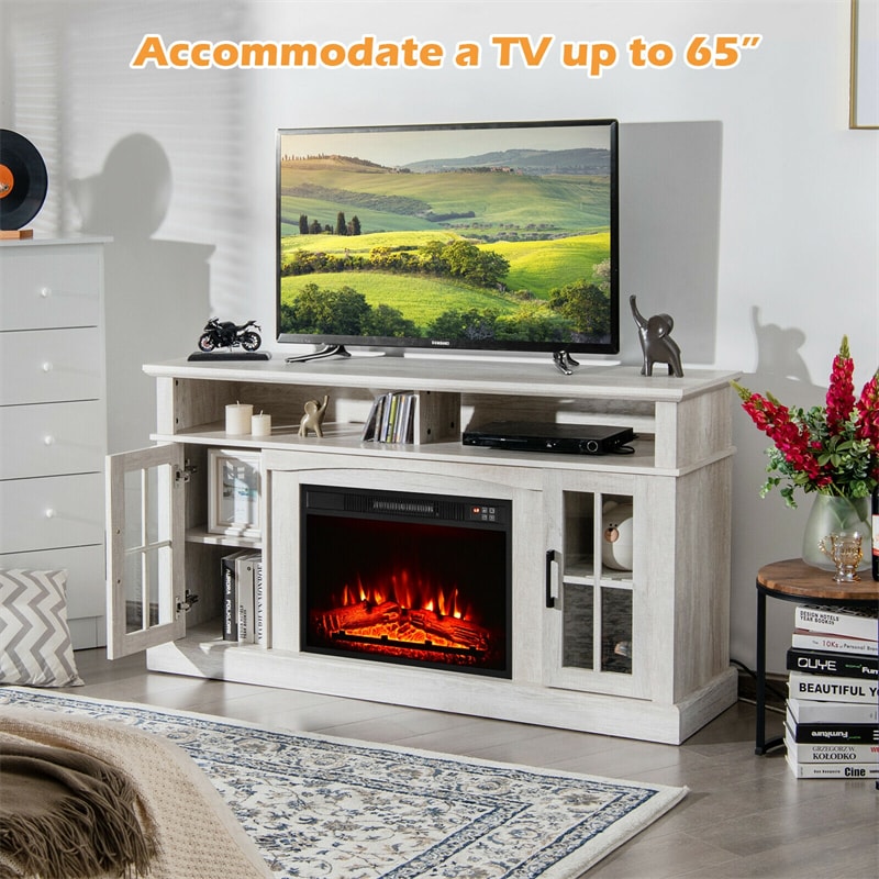 Electric Fireplace TV Stand for TVs Up to 65", 1400W Heater Insert with Remote Control, 3-Level Flame, Overheat Protection, Adjustable Shelves