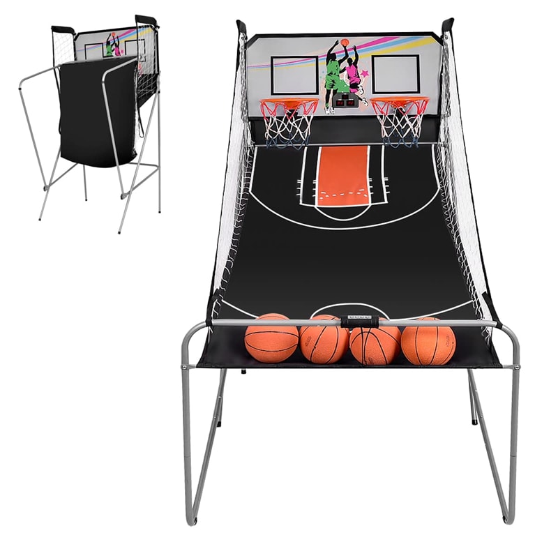 Foldable Basketball Arcade Game Indoor Electronic Double Shot Basketball Hoop with 4 Balls & LED Scoring System for Kids Adults