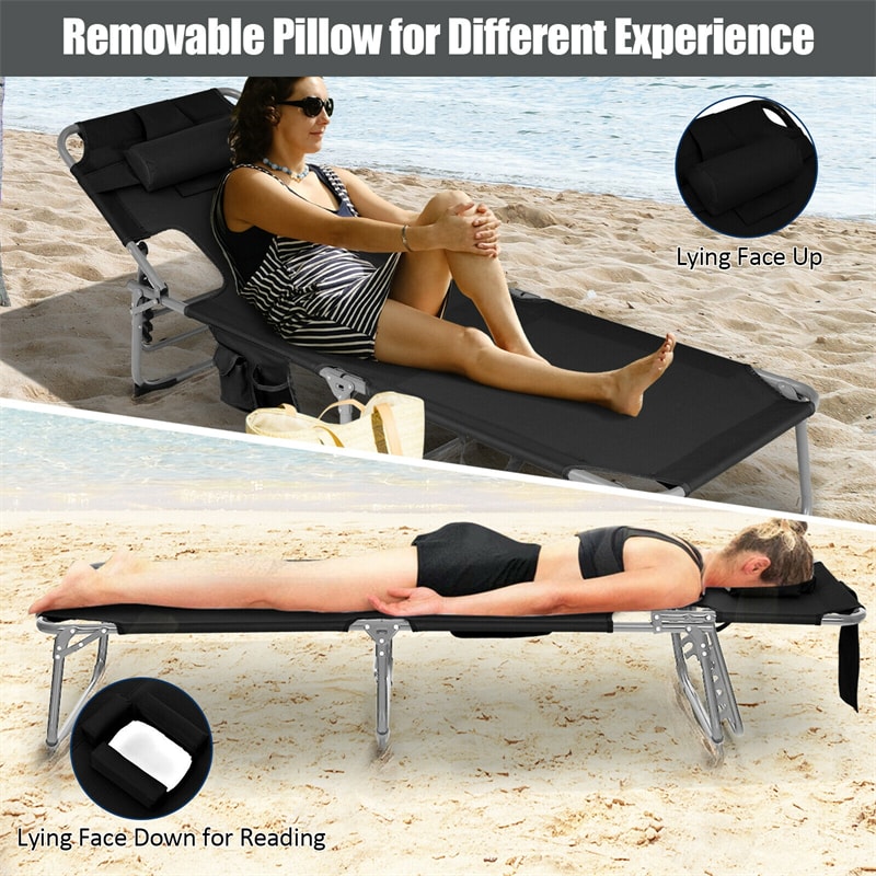 Folding Beach Lounge Chair 5-Position Adjustable Outdoor Tanning Chair with Pillow