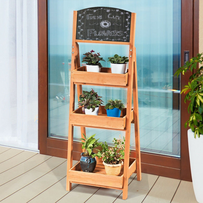Freestanding Wooden Chalkboard Sign Plant Stand with 3-Tier Display Shelf