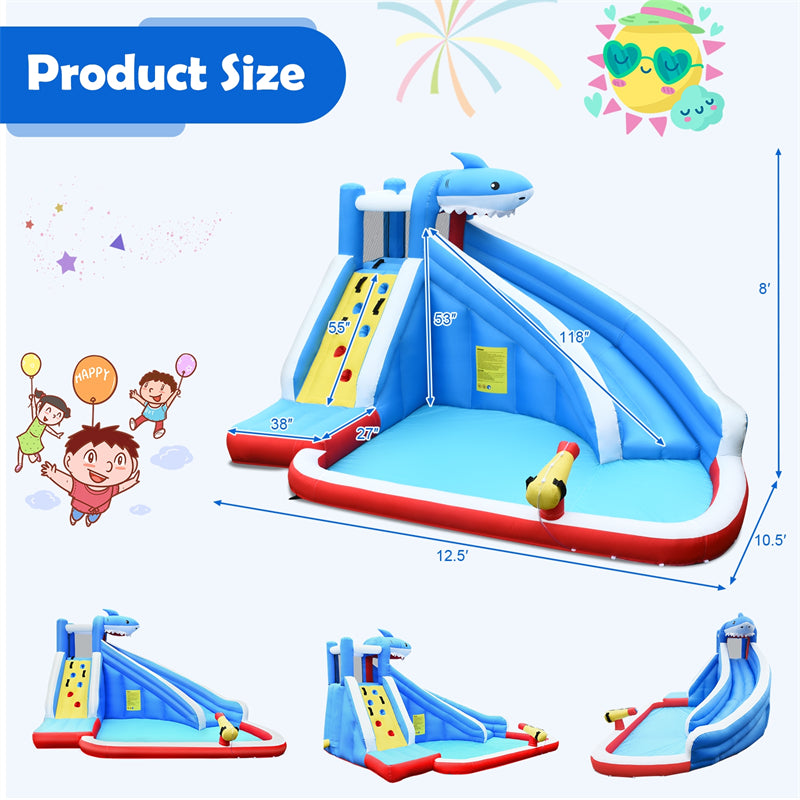 Inflatable Water Slide Shark Bounce House Castle Splashing Pool with 750W Blower
