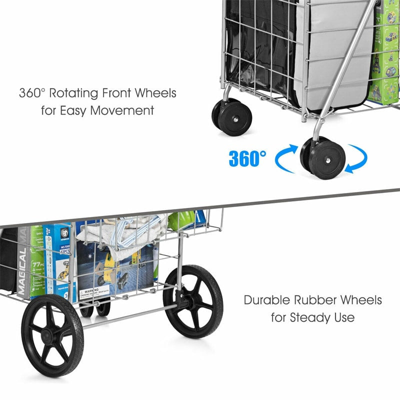 Jumbo Folding Shopping Cart Utility Cart with Double Basket & Swivel Wheels