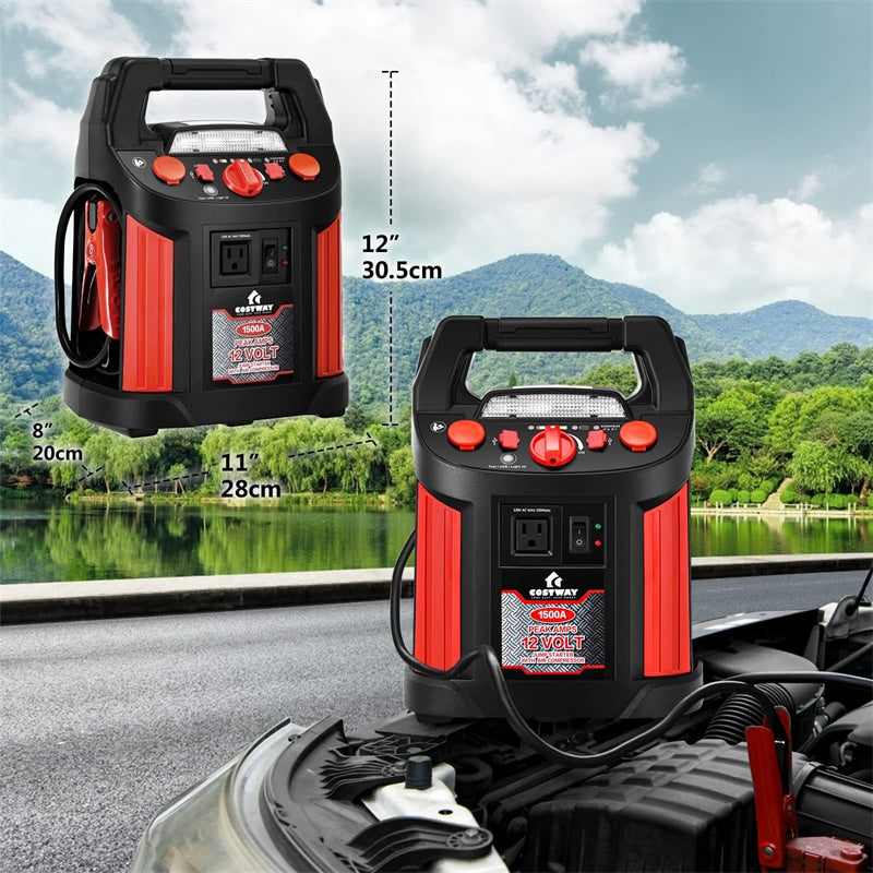 Portable Jump Starter 1500 Amp Car Battery Charger 180 PSI Air Compressor Power Bank Charger with 2 USB Ports Smart Clamps & LED Flashlight