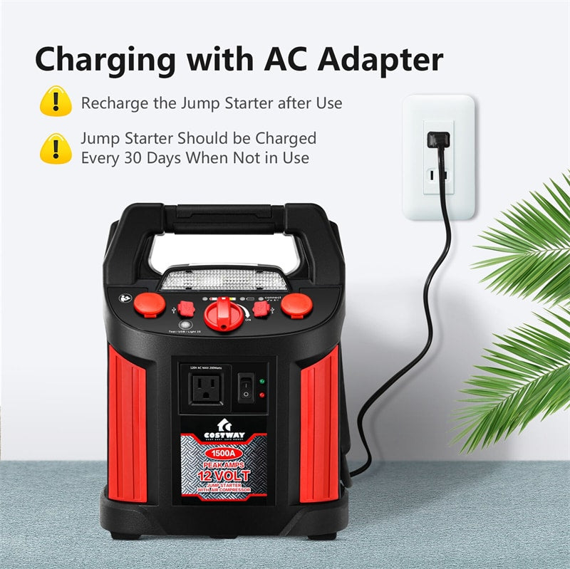 1500 Amp Portable Car Jump Starter 180 PSI Air Compressor Portable Power Bank Charger with LED Flashlight & Smart Clamps