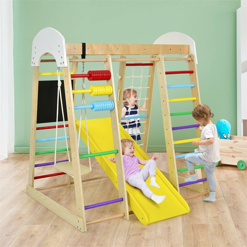 8-in-1 Kids Indoor Playground Jungle Gym Wooden Climber Playset Montessori Toddler Climbing Toys with Slides & Drawing Board Abacus Game