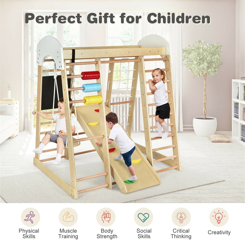8-in-1 Kids Indoor Playground Jungle Gym Wooden Climber Playset Montessori Toddler Climbing Toys with Slides & Drawing Board Abacus Game