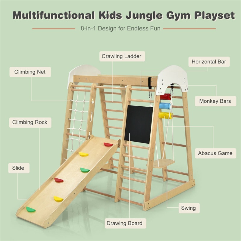 8-in-1 Toddler Indoor Jungle Gym Wooden Climber Playset Kids Montessori Climbing Toys with Slides & Drawing Board Abacus Game