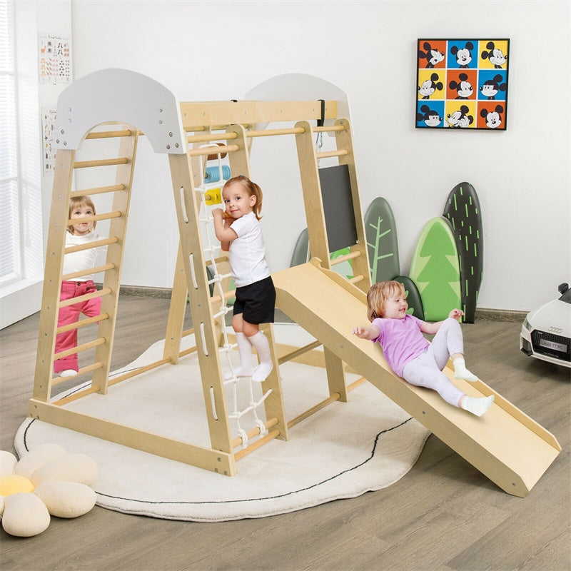 8-in-1 Toddler Indoor Jungle Gym Wooden Climber Playset Kids Montessori Climbing Toys with Slides & Drawing Board Abacus Game