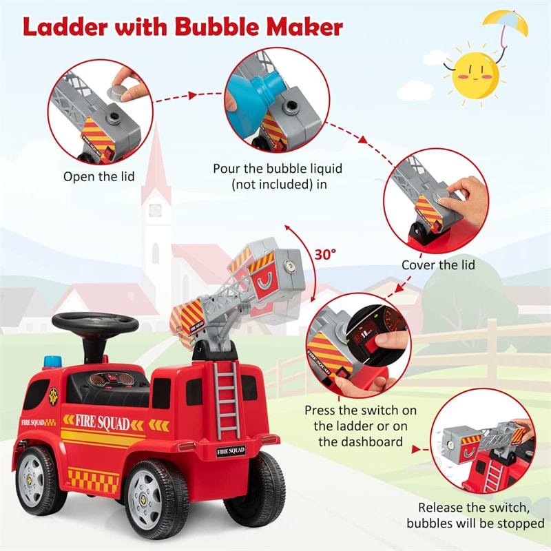 Kids Ride On Fire Truck Foot-to-Floor Sliding Push Car for Toddlers with Ladder Bubble Maker Headlights Music