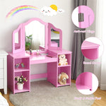 2-in-1 Kids Makeup Vanity Table Princess Dressing Table with Tri-fold Detachable Mirror & Storage Shelves