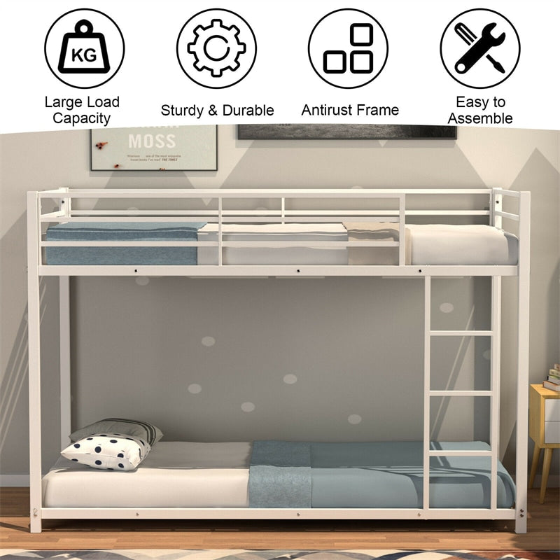 Twin Over Twin Bunk Bed Heavy Duty Metal Bed Frame Low Floor Bunk Bed With Safety Guard Rail & Ladder for Kids Adults Dormitory Bedroom