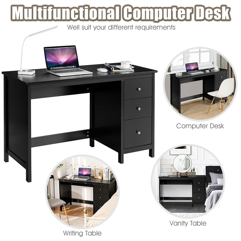 Modern Home Office Computer Desk Compact Writing Study Desk Multipurpose Workstation with 3 Storage Drawers & Wide Desktop