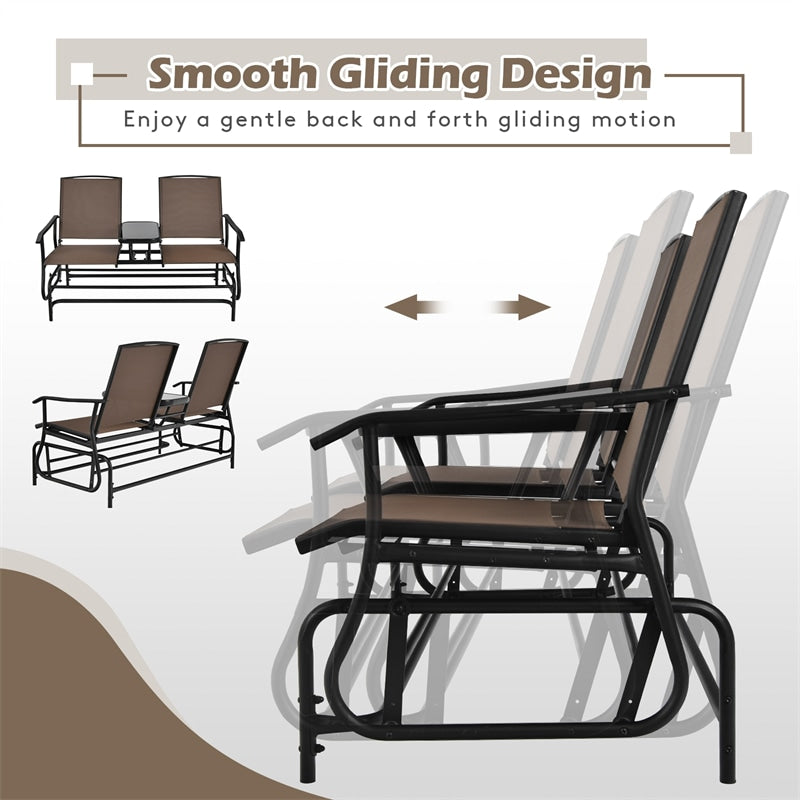 Outdoor Double Glider Chair 2-Person Patio Rocking Loveseat with Center Tempered Glass Table & Metal Frame