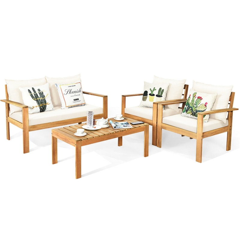 4 Piece Acacia Wood Patio Conversation Set Outdoor Chat Set with Loveseat Chairs & Coffee Table