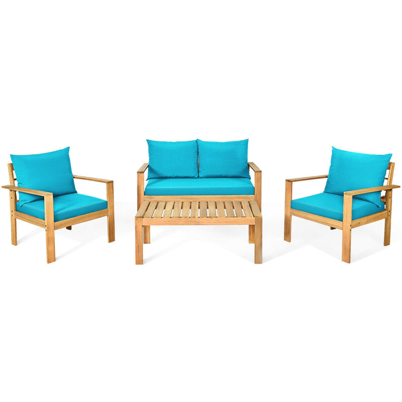 Outdoor 4 Seater Acacia Wood Patio Chat Set with Loveseat & Coffee Table