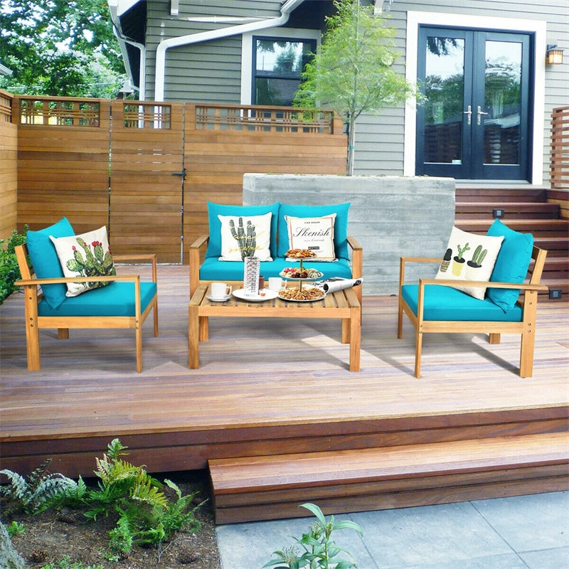 4 Piece Acacia Wood Patio Conversation Set Outdoor Chat Set with Loveseat Chairs & Coffee Table