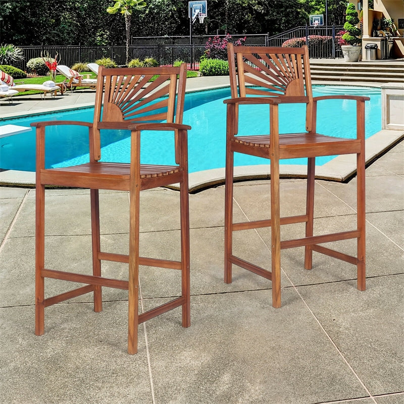 Outdoor Acacia Wood Bar Stools Set of 2 Bar Height Patio Chairs with Sunflower Backrest and Armrests