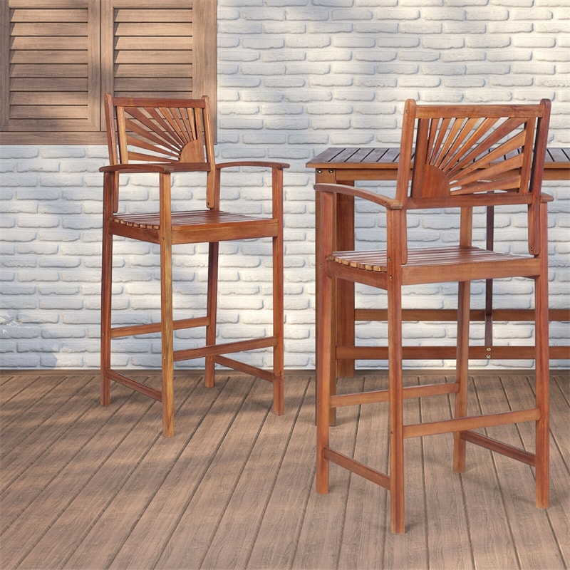 Outdoor Acacia Wood Bar Chairs Set of 2 with Sunflower Backrest and Armrests