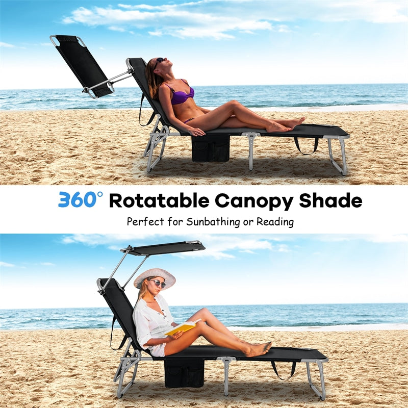 Outdoor Folding Chaise Lounge Portable Tanning Chair Sunbathing Beach Chair with Canopy Shade & Adjustable Backrest