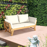 Outdoor Daybed Acacia Wood Convertible Couch Sofa Bed with Adjustable Armrest & Cushion