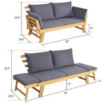 Outdoor Daybed Acacia Wood Convertible Couch Sofa Bed with Adjustable Armrest & Cushion