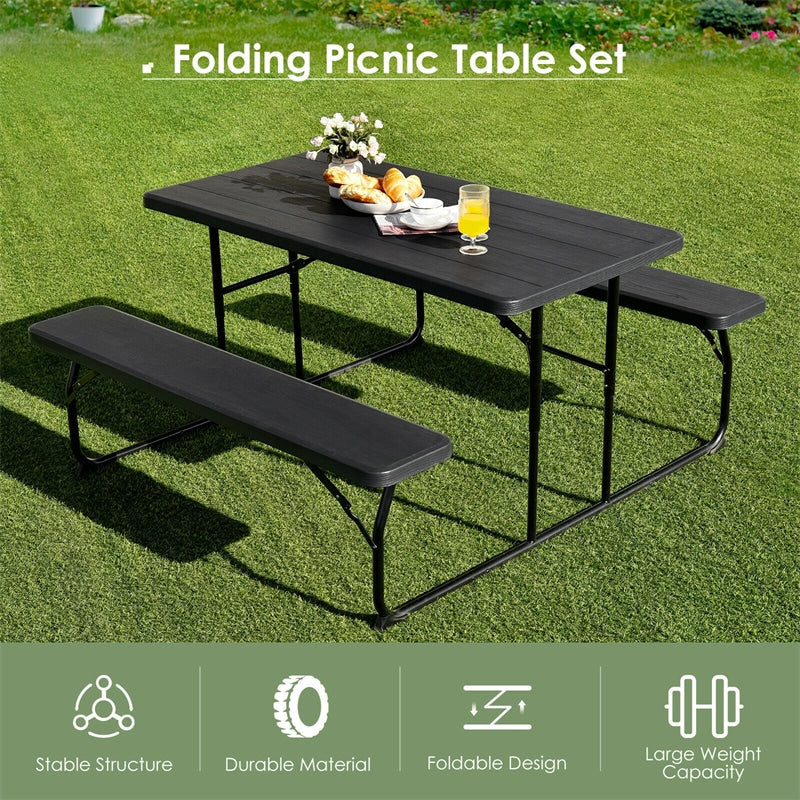 Folding Picnic Table Bench Set Outdoor Dining Table Portable Camping Table with Bench Seats & Weather Resistant Metal Frame